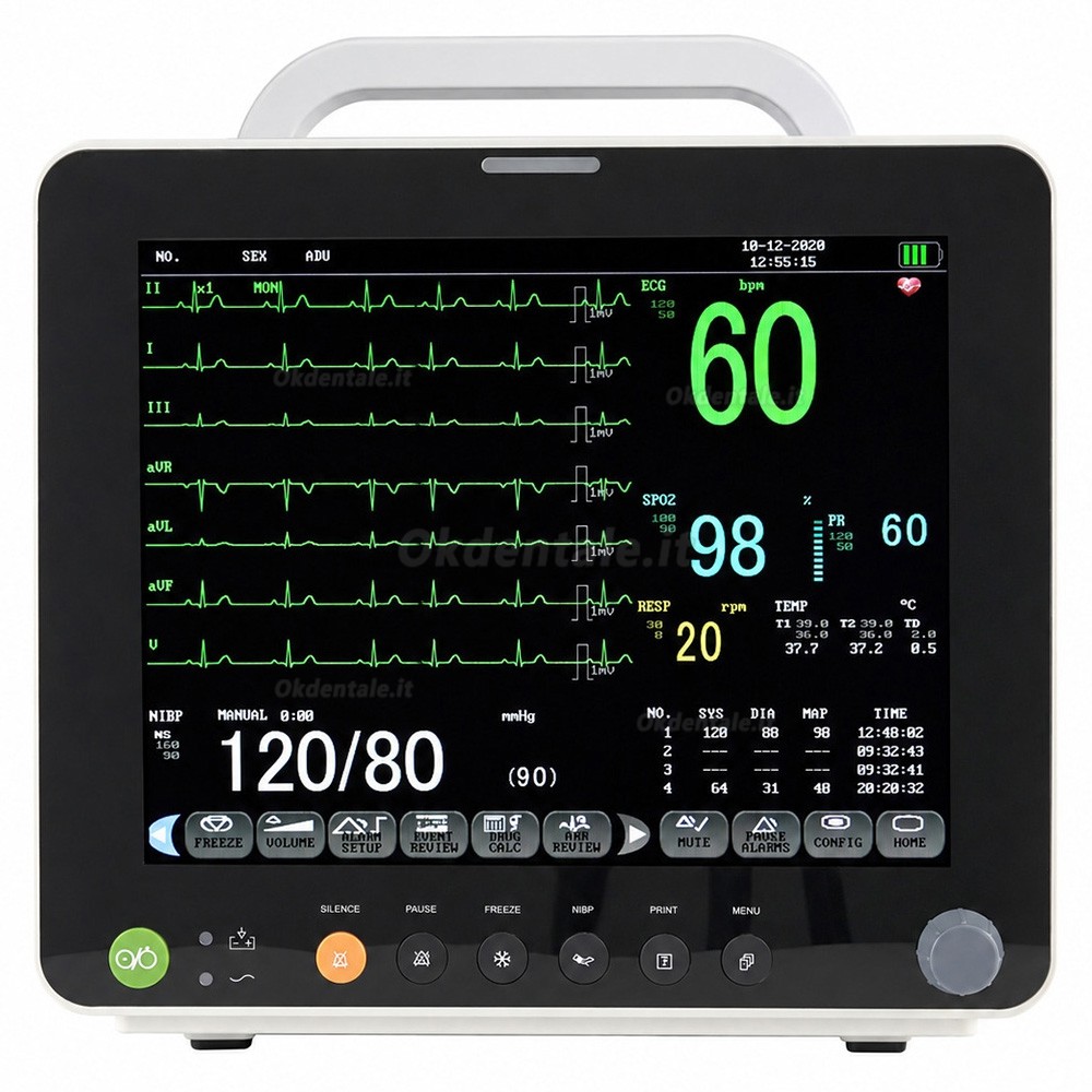 Monitor paziente multiparametrico da 12 pollici ECG/RESP/TEMP/NIBP/SPO2/PR Monitor paziente multiparametrico da 12 pollici ECG/RESP/TEMP/NIBP/SPO2/PR