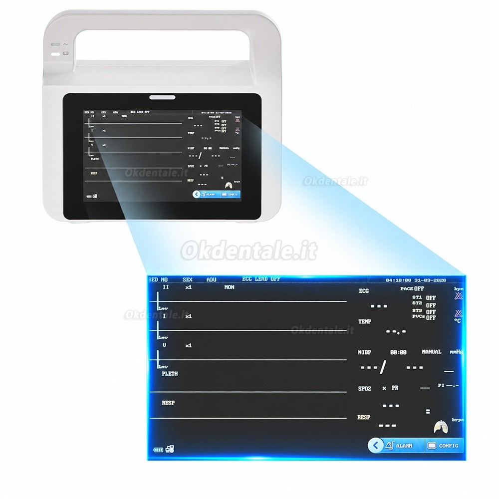 Monitor multiparametrico per pazienti odontoiatrici con schermo touch da 5 pollici e visualizzazione di 6 parametri Monitor multiparametrico per pazienti odontoiatrici con schermo touch da 5 pollici e visualizzazione di 6 parametri