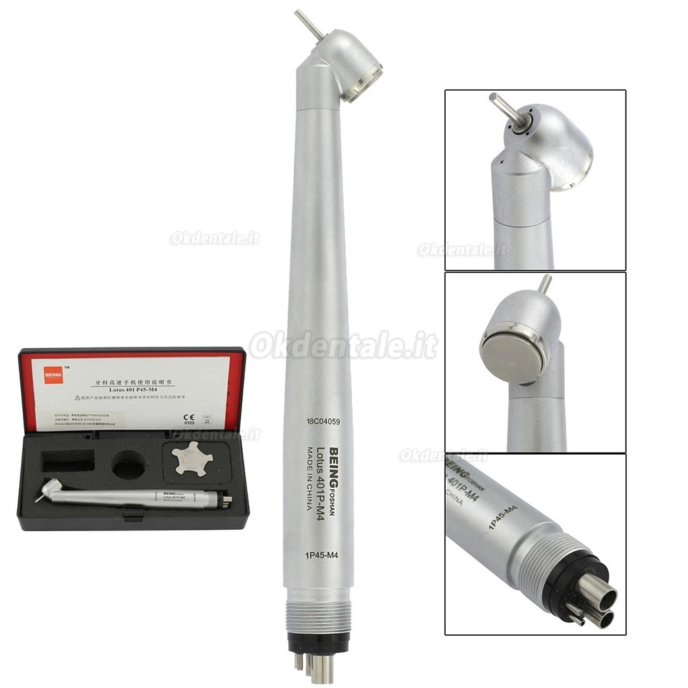Manipolo chirurgico a turbina dentale BEING 401P45-M4, angolazione 45&deg;, attacco a 4 fori