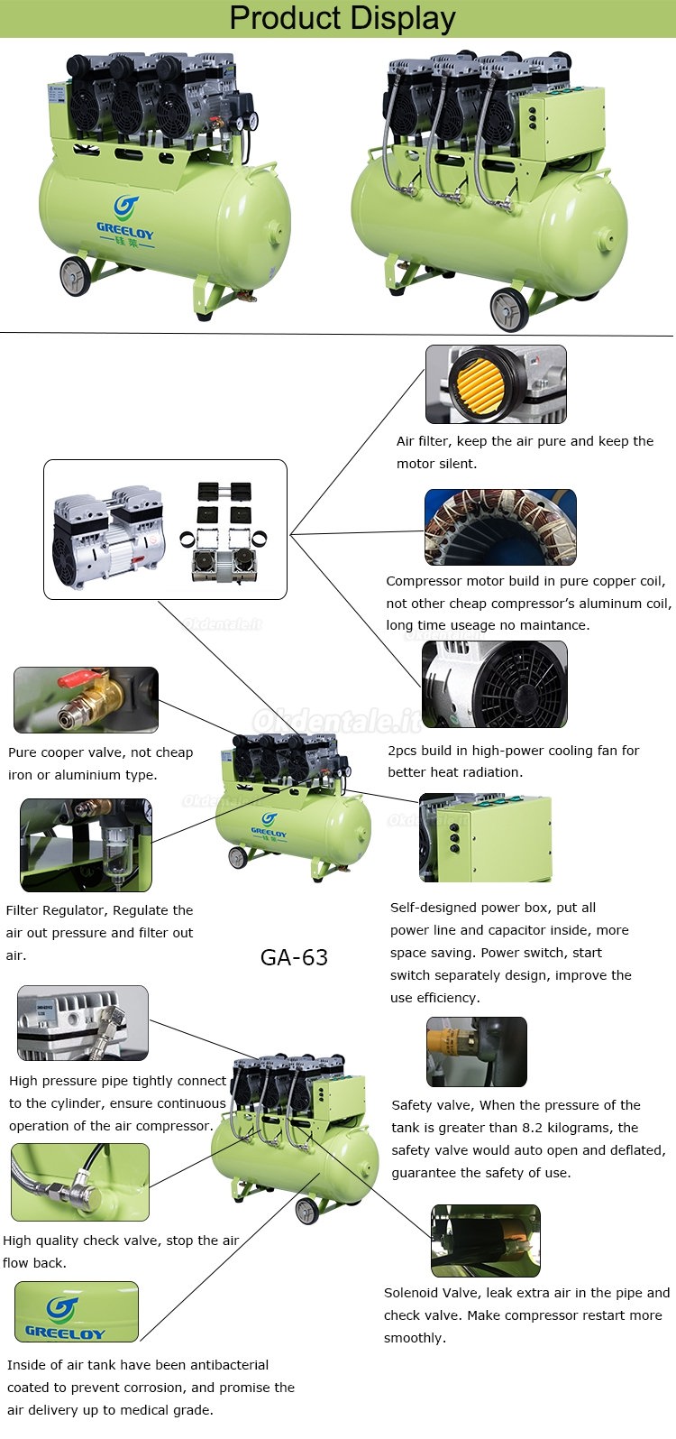 Greeloy® GA-63 Compressore senza olio 90 litri