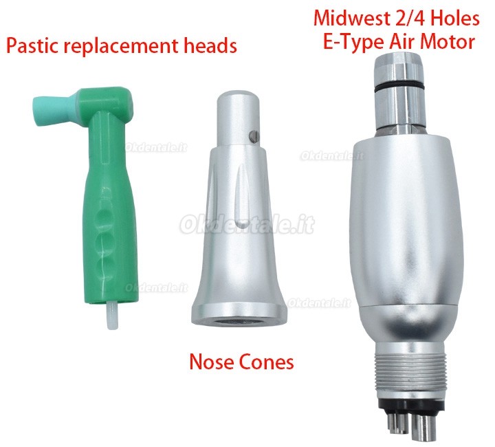 Manipolo per profilassi dentale 4:1 (3 coni nasali + kit motore pneumatico tipo E Midwest 2/4 fori + 50 testine di ricambio in plastica)