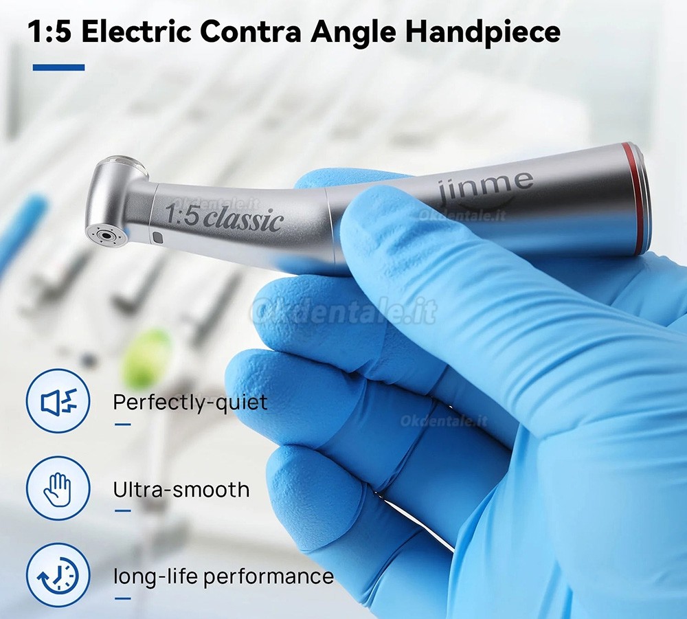 Manipolo contrangolo dentale Jinme W15LW 1:5 con fibra ottica e canale interno Manipolo contrangolo dentale Jinme W15LW 1:5 con fibra ottica e canale interno