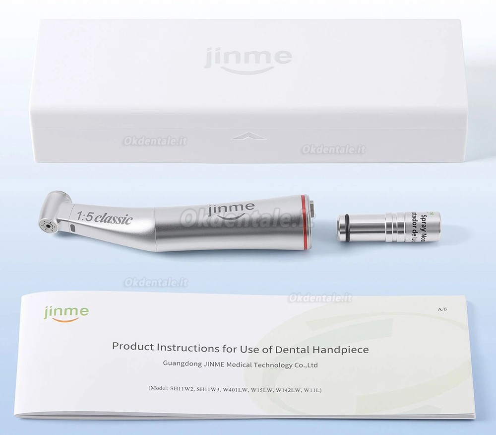 Manipolo contrangolo dentale Jinme W15LW 1:5 con fibra ottica e canale interno Manipolo contrangolo dentale Jinme W15LW 1:5 con fibra ottica e canale interno