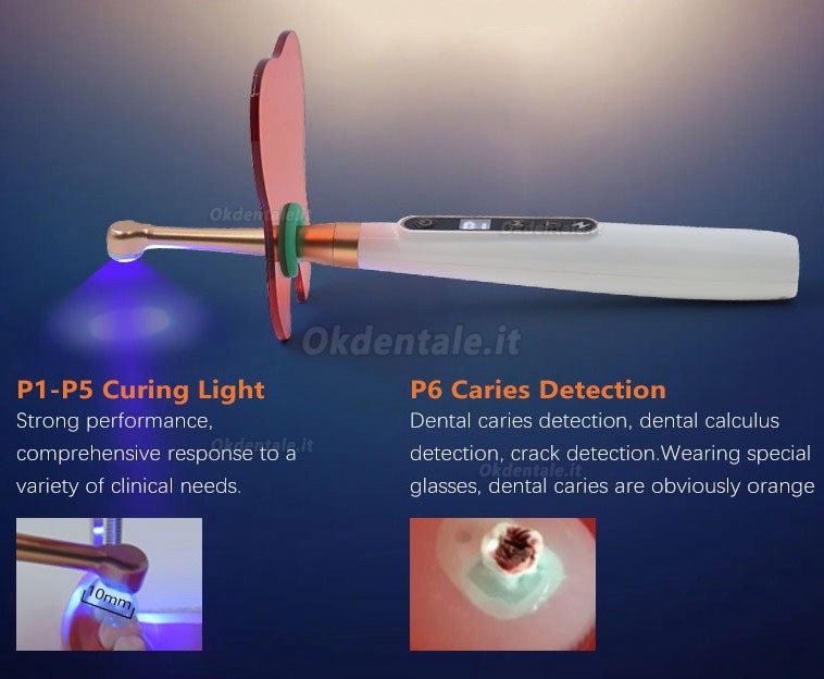 Lampada polimerizzante dentale a LED 6 modalità 1800 MW/CM2 con rilevatore di carie