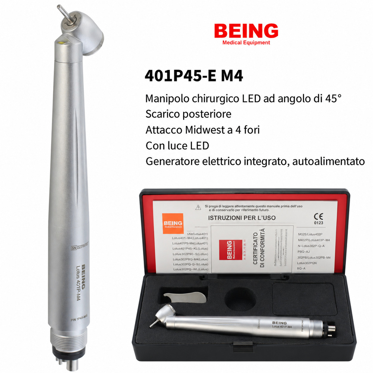 Manipolo chirurgico a turbina dentale BEING 401P45-M4E, inclinazione a 45 gradi, con attacco a 4 fori e luce LED