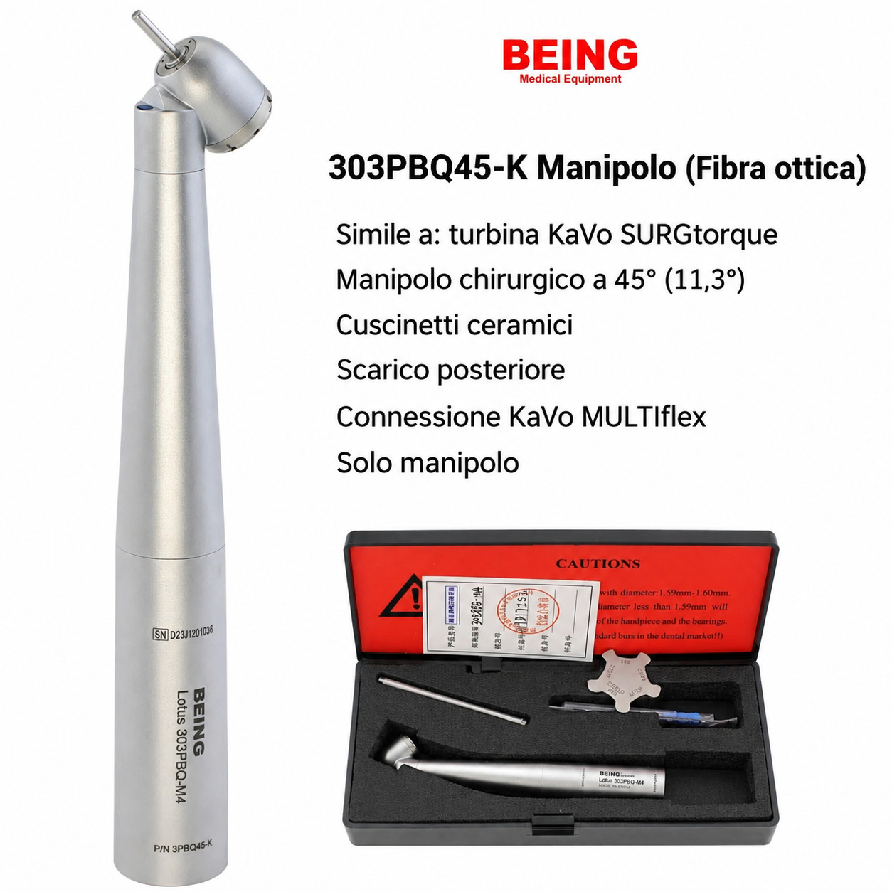 Manipolo chirurgico a turbina dentale 303PBQ45-K con angolazione di 45&deg;, compatibile con attacco KaVo