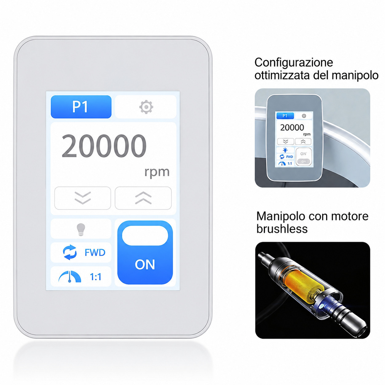 Micromotore elettrico brushless integrato per uso odontoiatrico (con touchscreen) Micromotore elettrico brushless integrato per uso odontoiatrico (con touchscreen)