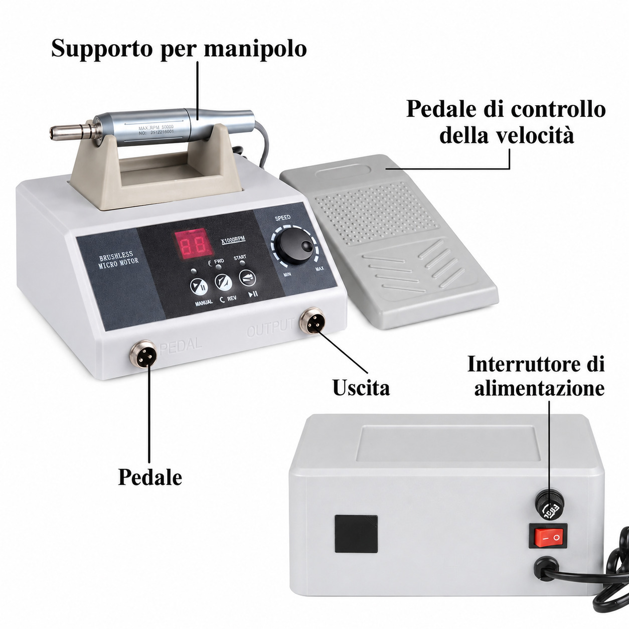 Micromotore da laboratorio odontotecnico con motore brushless di tipo E da 50.000 giri/minuto Micromotore da laboratorio odontotecnico con motore brushless di tipo E da 50.000 giri/minuto