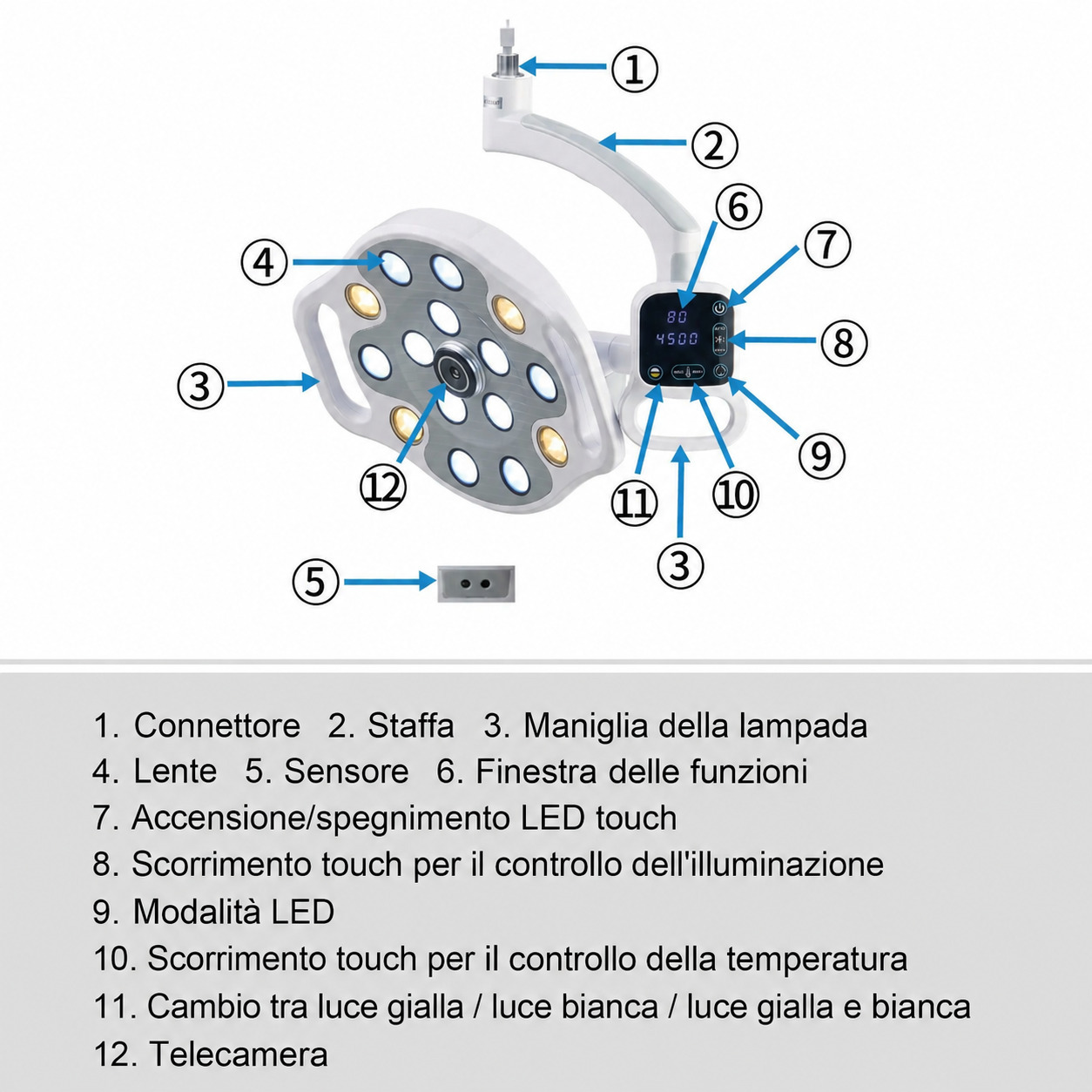 Lampada sala operatoria dentale a LED KY-P132 22 mm con videocamera wireless integrata Lampada sala operatoria dentale a LED KY-P132 22 mm con videocamera wireless integrata
