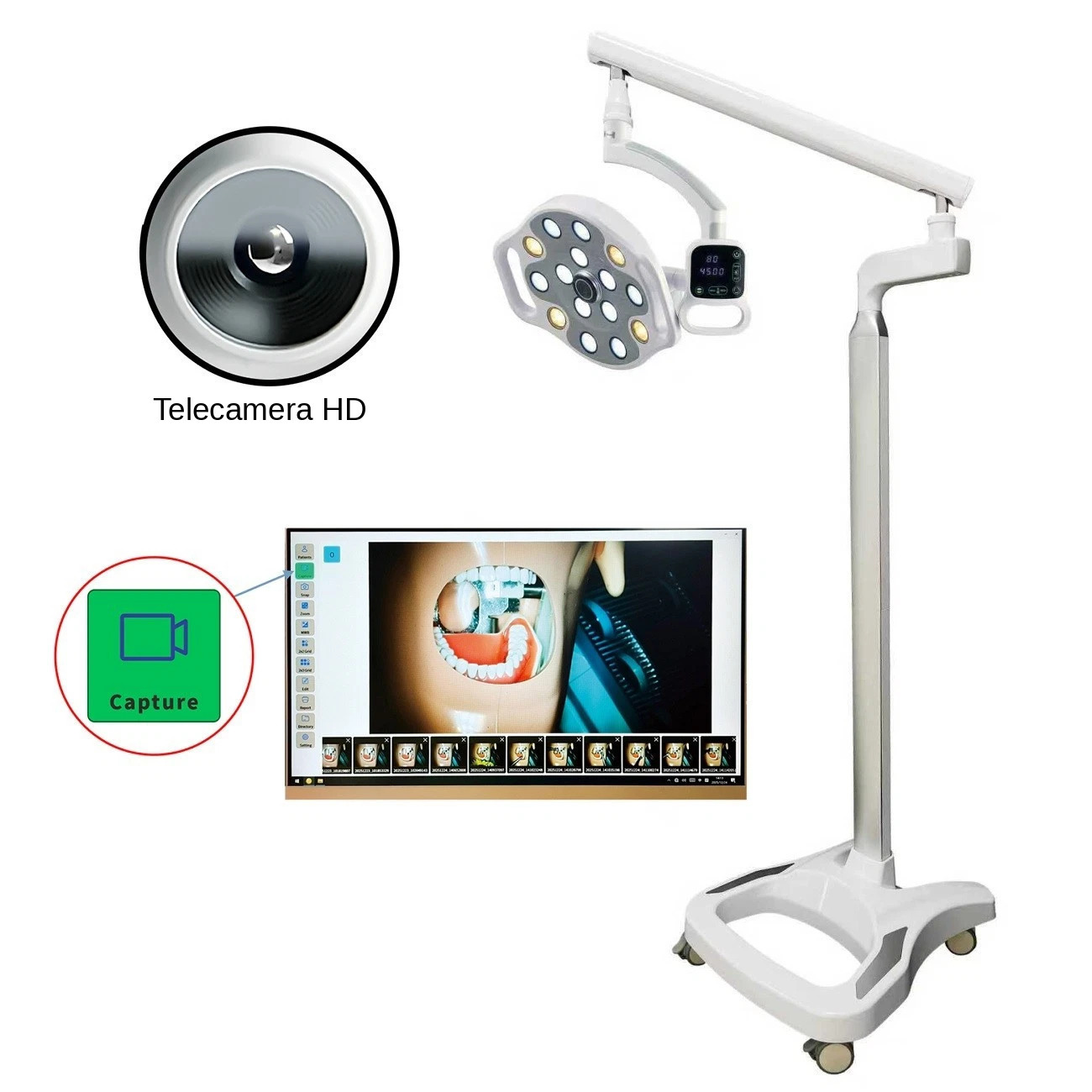 Lampada scialitica dentale a LED da pavimento KY KY-P132-2 con videocamera wireless integrata Lampada scialitica dentale a LED da pavimento KY KY-P132-2 con videocamera wireless integrata