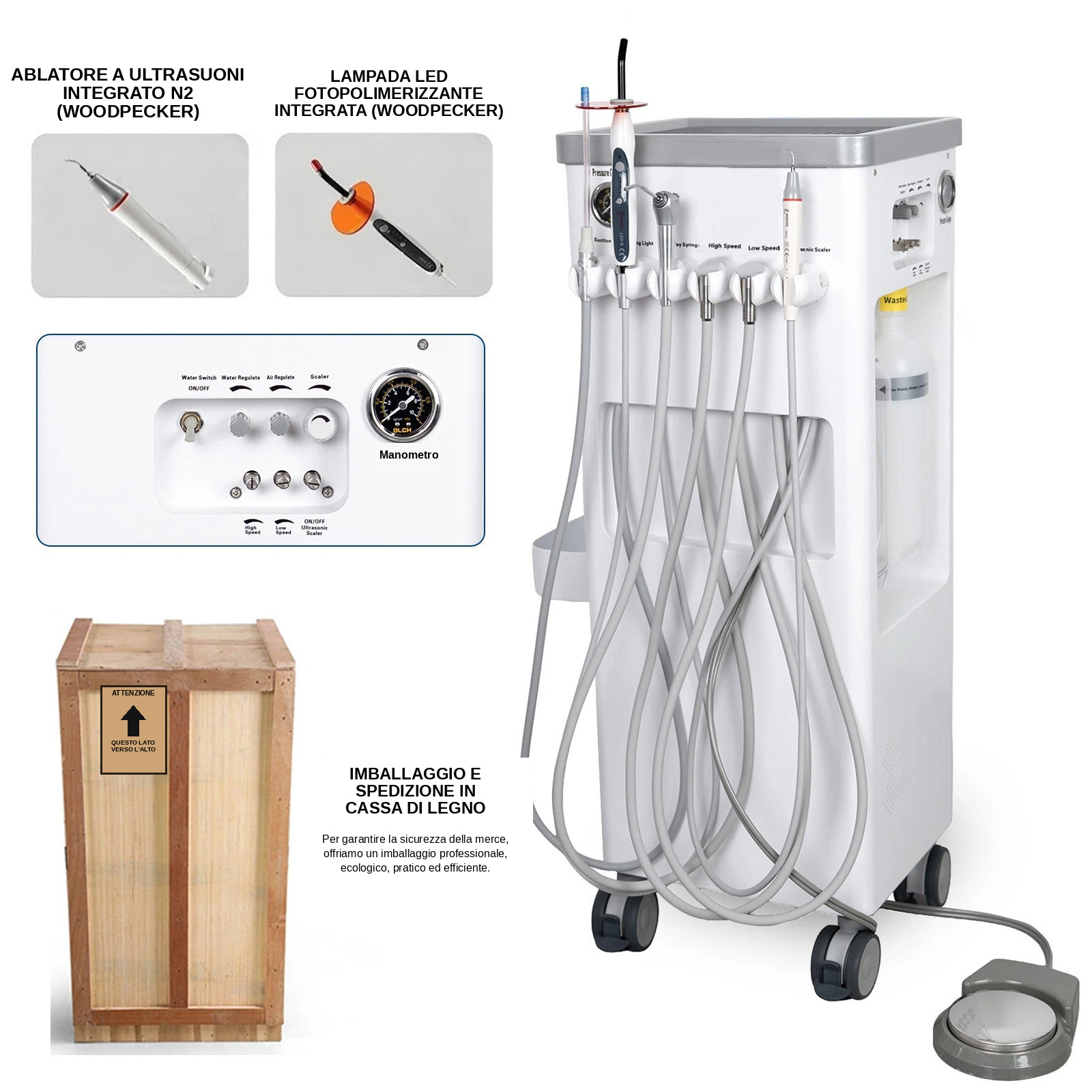 Portastrumenti per unità dentali ANZHI AZ-202-2 con compressore d'aria e scaler a ultrasuoni. Portastrumenti per unità dentali ANZHI AZ-202-2 con compressore d'aria e scaler a ultrasuoni.