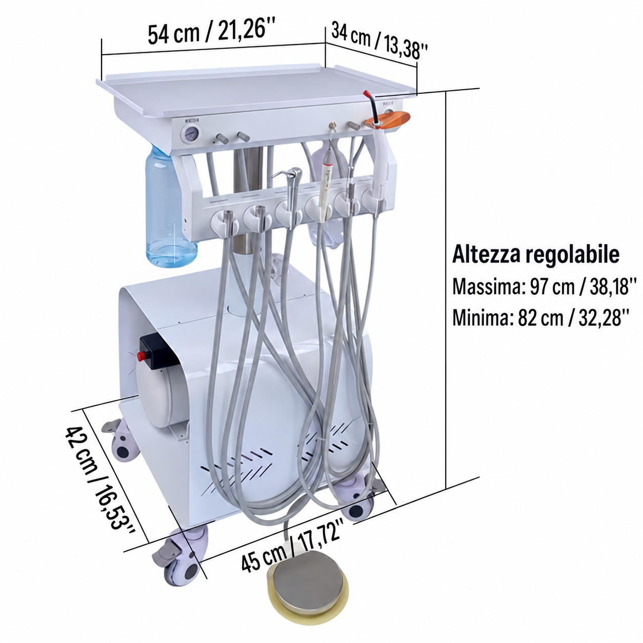 Portastrumenti per unità odontoiatrica mobile, dotato di compressore d'aria e funzione di sollevamento Portastrumenti per unità odontoiatrica mobile, dotato di compressore d'aria e funzione di sollevamento