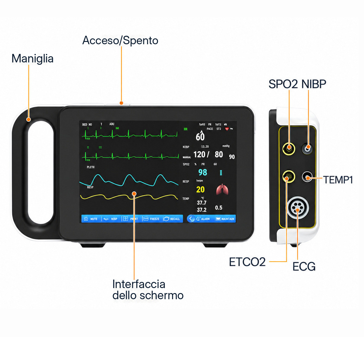 Monitor paziente multiparametrico con schermo tattile da 7 pollici ECG/RESP/TEMP/NIBP/SPO2/PR Monitor paziente multiparametrico con schermo tattile da 7 pollici ECG/RESP/TEMP/NIBP/SPO2/PR