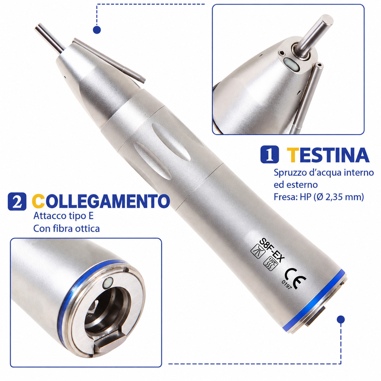 Manipolo dritto odontoiatrico a bassa velocit&agrave;, rapporto 1:1, con fibra ottica, attacco tipo E